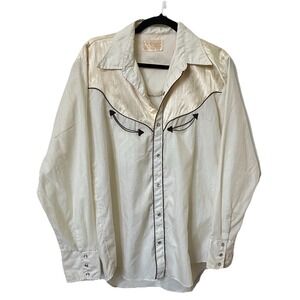Vintage Caravan Pearl Snap Shirt Mens White Cream Satin Western Cowboy Roper
